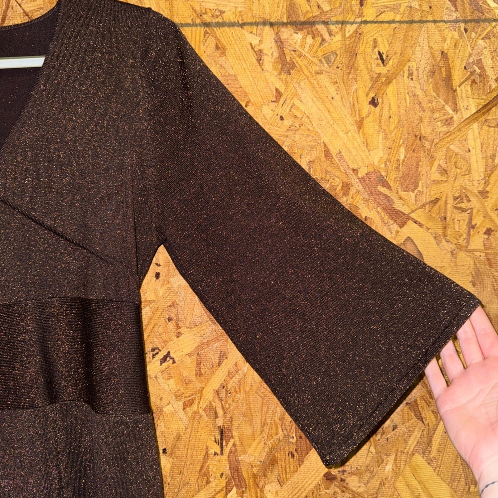 VTG Y2K Brown Wrap Tunic Top Bow Tie Back Silk Lurex Etc Shiny Party Sparkly L - Picture 3 of 6